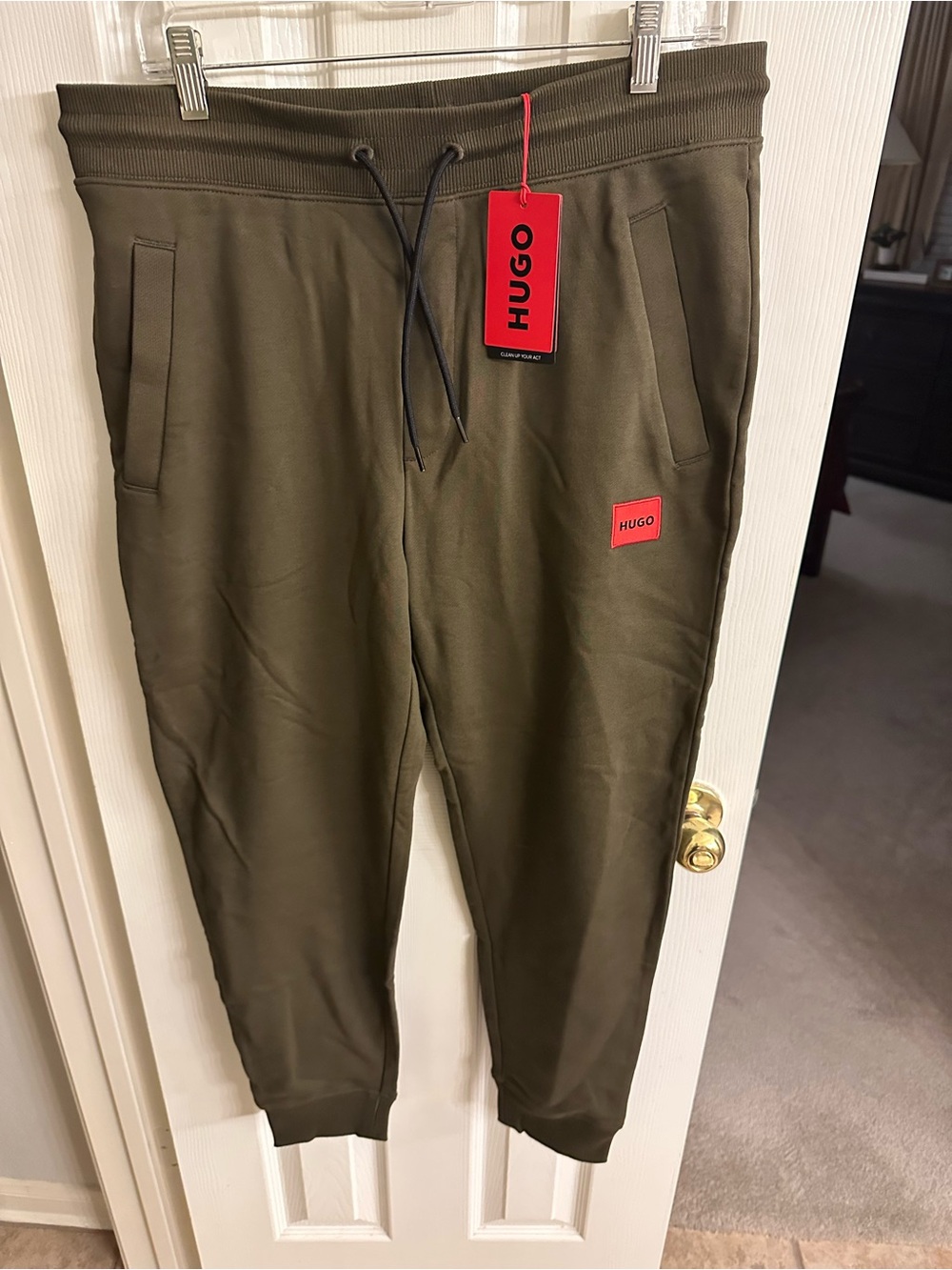 HUGO Olive Knit Drawstring Joggers with Red Logo Tag